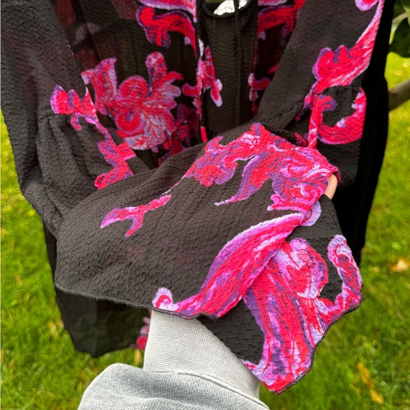 FREE PEOPLE Printed Symphony Black & Purple Long Sleeve Printed Slip Dress, Sz L - Picture 7 of 15